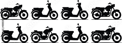 Eight black silhouette of various motorcycle and scooter models arranged in two rows