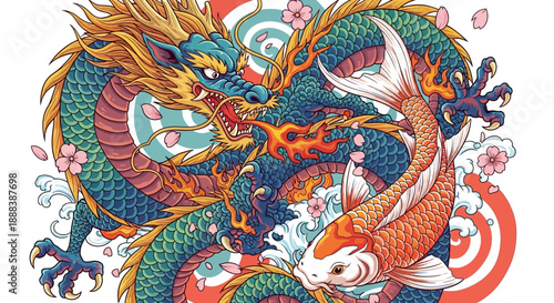 Vibrant traditional Asian dragon illustration with dynamic flames and floral accents emphasizing