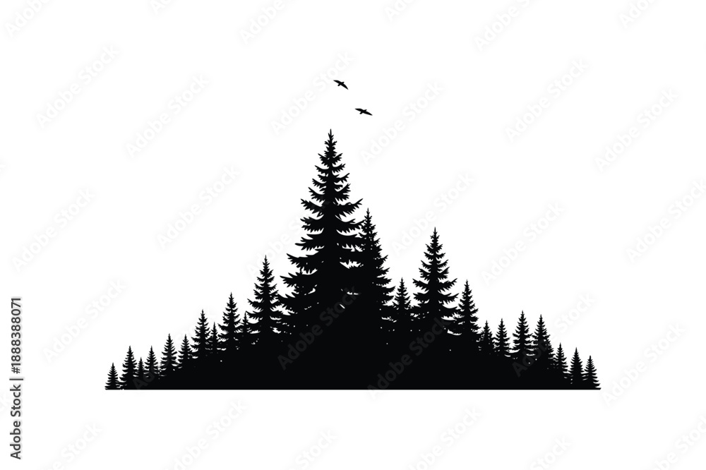Obraz premium Silhouette of pine trees with smoke rising in forest landscape