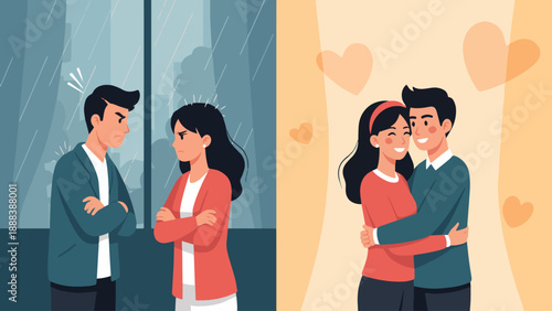 Couple arguing then making up on Valentine day, emotional flat illustration.