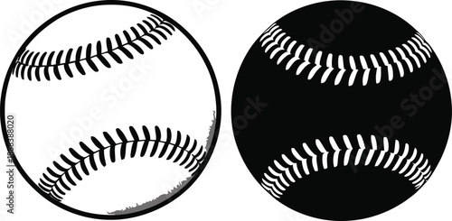 Two baseballs depicted in contrasting black and white styles , baseball, sport, game, ball, equipment, athletic,
