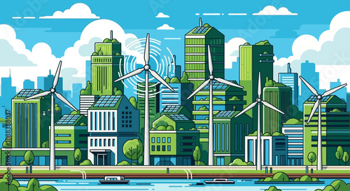 illustration of a modern eco-friendly city with wind turbines and green skyscrapers