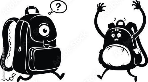 Two cartoon backpacks one with a silhouette and questioning expression