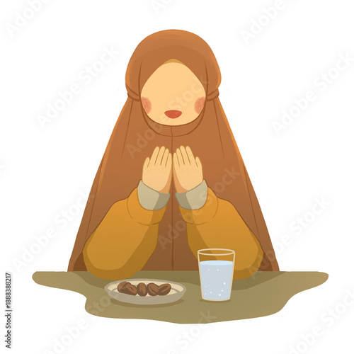 Girl praying when breakfasting on ramadan kareem 