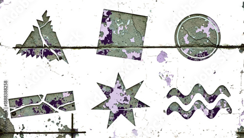 Purple weathered concrete geometric icons with peeling paint on a wire structure vector illustration.