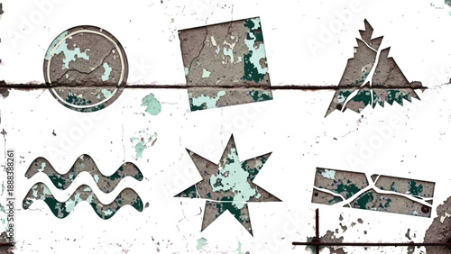 Industrial grunge concrete shapes collection with peeling paint and metal wire vector illustration.
