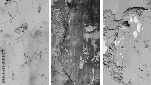 Grayscale concrete wall texture set with cracks and damaged plaster segments vector illustration.