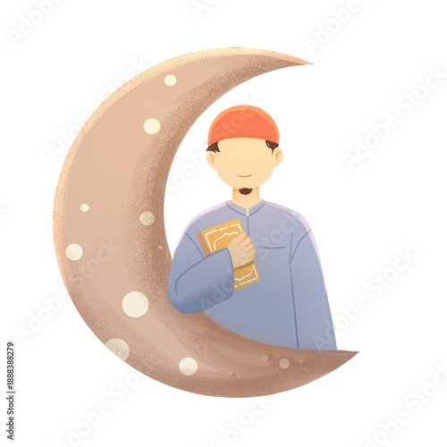 Muslim Man Carrying Quran on Crescent Moon