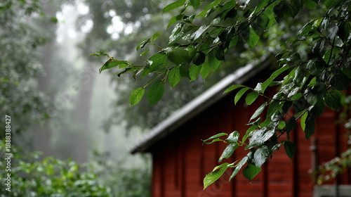 Wallpaper Mural Wooden cabin in misty forest with rain and natural atmosphere for eco retreat and nature concepts Torontodigital.ca