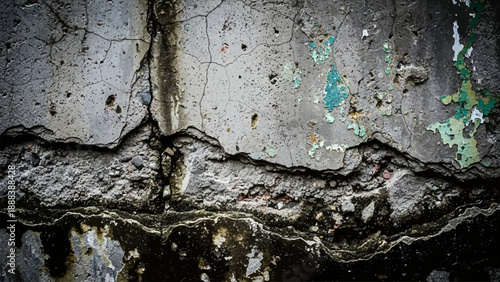 Close-up weathered concrete surface with deep cracks and green peeling paint vector illustration.