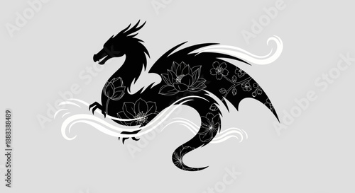 Elegant Black and White Dragon Illustration with Lotus Flowers and Mystical Elements
