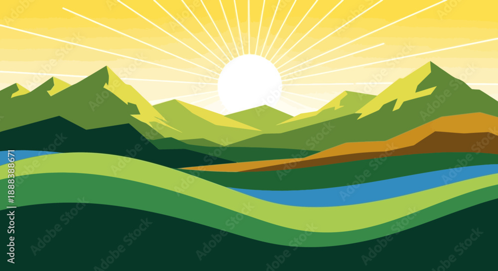 Obraz premium Bright Sunrise Over Rolling Green Hills and Mountain Range Landscape Illustration