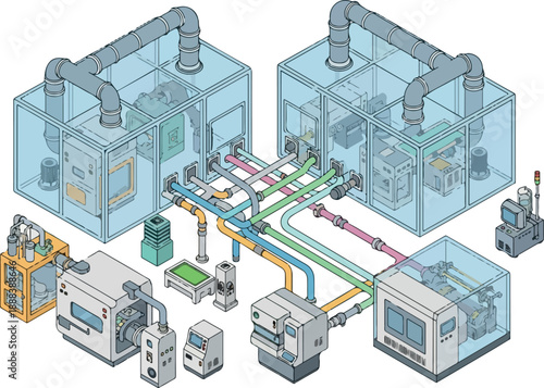Industrial Manufacturing System Illustration Conveyor Belts and Machinery