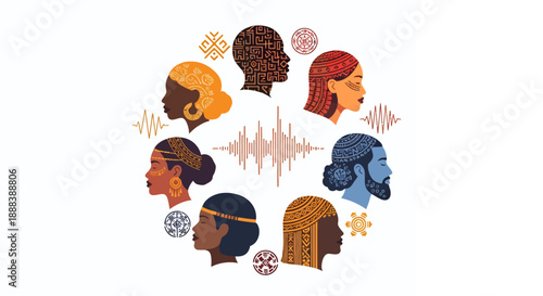 Diverse group of people in profile, arranged in a circle with abstract patterns and sound waves, symbolizing unity and communication.