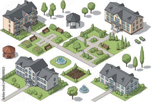 Isometric Urban Landscape Design Buildings, Park, and Nature Elements