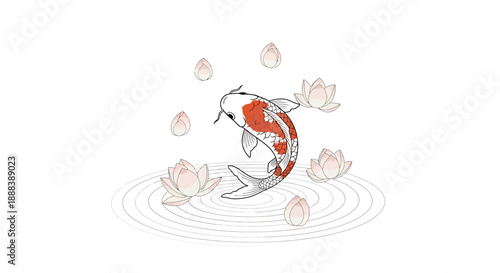Elegant koi fish leaping amidst floating lotus petals on tranquil water surface