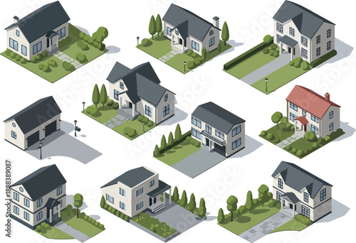 Isometric Home Collection Diverse Architectural Styles and Landscape Designs