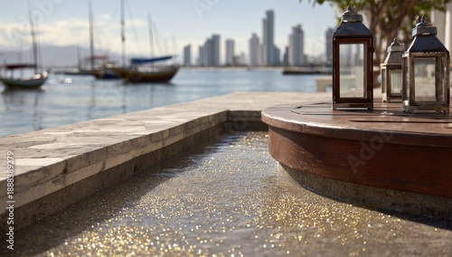 Water feature with lanterns, waterfront view
