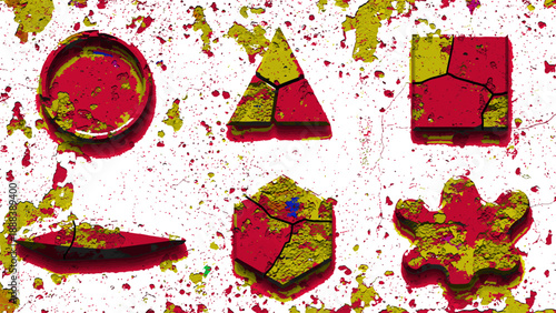 Abstract geometric shapes, red and yellow color grunge, damaged and broken with shadows, vector illustration.