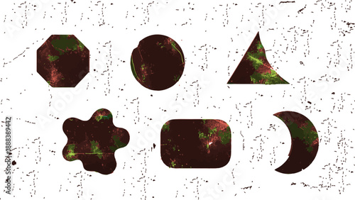 Abstract geometric shapes, brown and green colors, with grunge damaged and broken style background vector illustration.