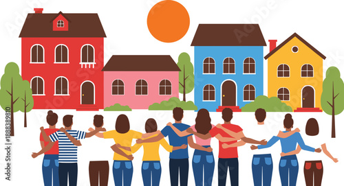 Community unity illustration showing diverse neighbors standing together in front of colorful houses representing friendship and social harmony
