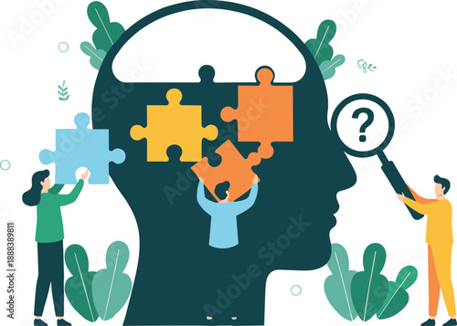 Problem solving concept illustration showing human head with puzzle pieces and people searching for answers and solutions