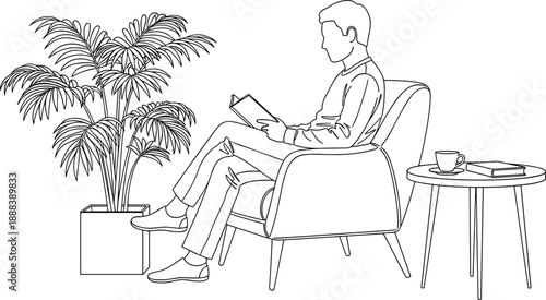 Man reading book in armchair line art illustration showing relaxation, leisure time, and calm lifestyle at home interior