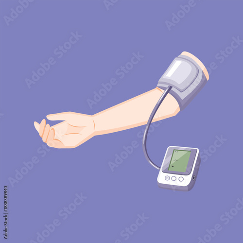 A medical illustration showing blood pressure measurement using a digital monitor for healthcare diagnostics and patient monitoring.