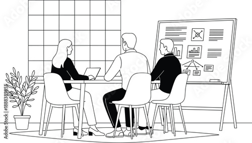 Business meeting line art illustration showing team discussion, presentation board, and collaborative planning in modern office interior