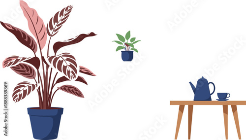 Minimal home decor illustration featuring indoor plants and tea set on table representing cozy interior lifestyle concept