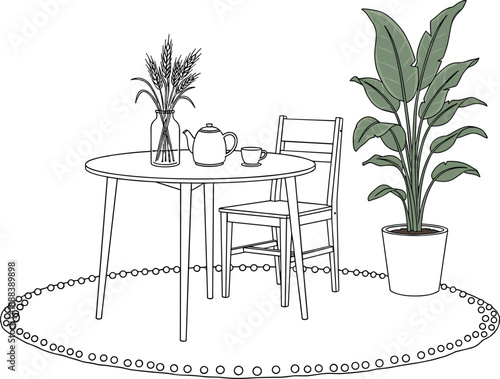 Cozy dining corner line art illustration with table, chair, tea set, rug, and indoor plant home interior design