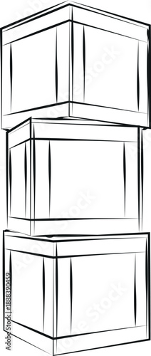 Black and white line art illustration of stacked wooden boxes or crates arranged vertically.Suitable for logistics, storage, warehouse, shipping, inventory, packaging, delivery, and industrial design 