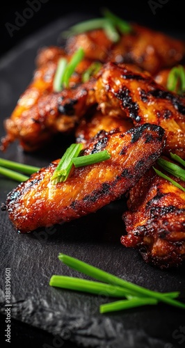 Close-up of grilled chicken wings with a glaze, garnished with green onions, on a dark stone platter