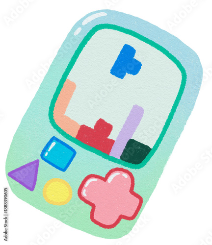 Retro handheld game console illustration with block puzzle game on screen, cute pastel vintage style