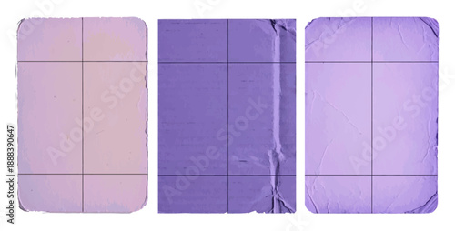 Purple vintage paper cards set with fold marks and aged texture vector design vector illustration.