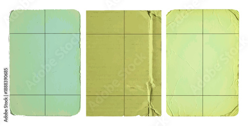Three weathered paper templates featuring shades of lime green and pale yellow vector illustration.