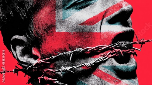 A young man's face overlaid with the Union Jack flag in red, white, and blue, with sharp barbed wire wrapped tightly across his mouth and cheek against a vivid red background.