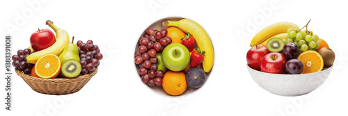 Konstfotografi : Set of fresh fruit bowls with variety of colorful fruits including apples, bananas, grapes, oranges and kiwi, healthy eating and nutrition concept, isolated on white background