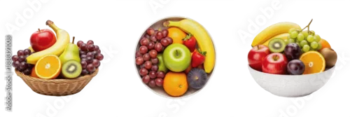 Obraz  z motywem : Set of fresh fruit bowls with variety of colorful fruits including apples, bananas, grapes, oranges and kiwi, healthy eating and nutrition concept, isolated on white background.