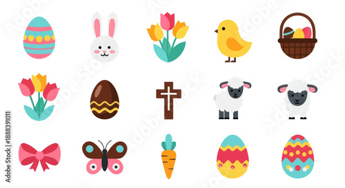 Easter holiday icons eggs rabbit flowers chick basket cross lamb