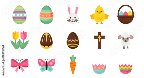 Easter holiday symbols eggs rabbit chick basket cross lamb butterfly