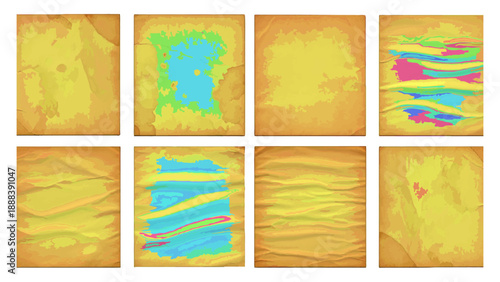 Set of old paper sheets, vintage parchment texture, colorful stains and crumpled vector illustration.