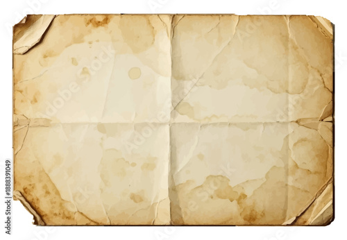 Folded old paper sheet, vintage parchment texture, crumpled and stained with coffee vector illustration.