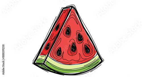 Stylized illustration of a juicy watermelon slice with red flesh and black seeds on a white
