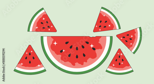 Colorful Watermelon Slices and a Watermelon Half Illustration for Fresh Summer Fruit Display