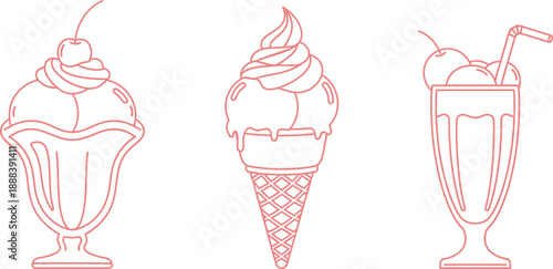 Silhouette of three colorful ice cream treats on white background