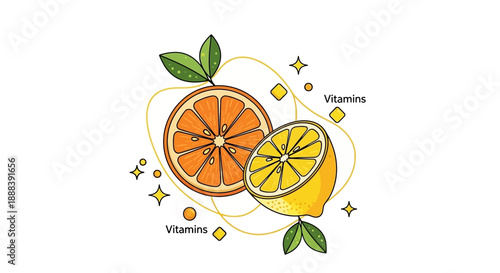 Colorful citrus fruit illustration highlighting vitamins and freshness in a minimalistic style