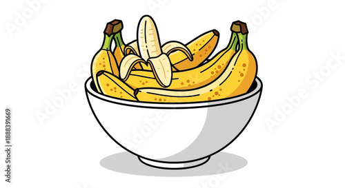 Illustration of a white bowl filled with ripe bananas with one peeled banana inside