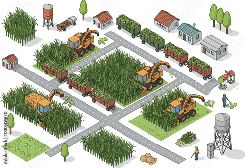 Isometric Farm Scene Harvesters Gathering Crops in a Rural Setting