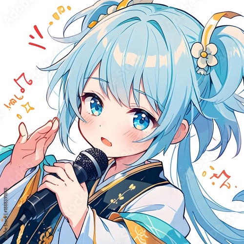 The singer with blue hair is captivating.